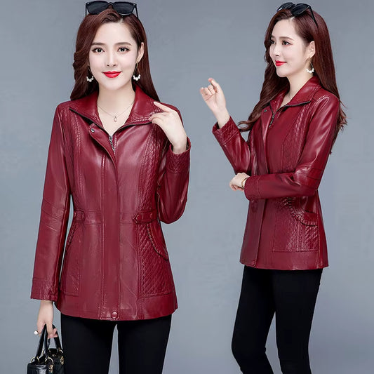 2XL-8XL Women Leather Jacket Spring Mid-Length Motorcycle Coat Middle Aged Mother Winter Overcoat Pu Leather Jacket Y44